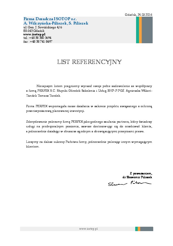 List referencyjny Firma Doradcza ISOTOP s.c.